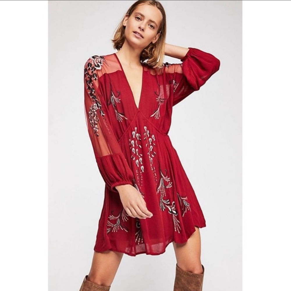 Free People Red Bonjour Embroidered Mini Dress XS NWT Sheer Western Fairy Boho